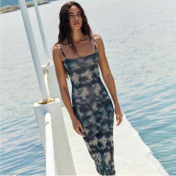 Zara Green Tie Dye Midi Bodycon Dress Size: S - Picture 1 of 6